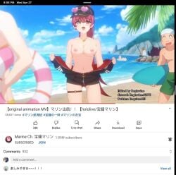 accurate_art_style artist_signature breasts clouds discord_tag eyebrows_visible_through_hair gawr_gura heterochromia hololive hololive_english hololive_fantasy hololive_japan hololive_myth houshou_marine japanese_text ninomae_ina'nis nipples nude_edit nude_filter red_eyes red_hair regisvine2078 sea stripping twitter_username virtual_youtuber yellow_eyes youtube