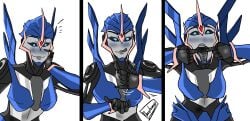 1girls 2d 2d_(artwork) 3koma arcee arcee_(prime) artist_name bedroom_eyes blush clothed female female_only handjob_gesture horny imminent_oral imminent_sex inviting_to_sex open_mouth phantomas(artist) robot robot_girl self_upload solo suggestive transformers transformers_prime