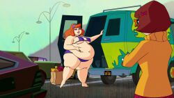 2girls bbw belly big_belly bikini breasts daphne_blake edit fat fat_woman female morbidly_obese morbidly_obese_female nipple_bulge obese obese_female overweight overweight_female scooby-doo screenshot_edit velma_dinkley voluptuous woot