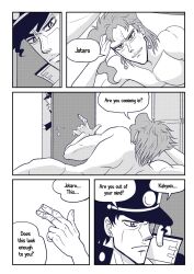 2boys after_fingering comic dialogue english_text jojo's_bizarre_adventure jotaro_kujo kakyoinmuse male male_only noriaki_kakyoin nude nude_male speech_bubble stardust_crusaders