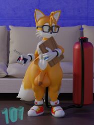 absurd_res air_tank anthro balls blender_(software) blender_cycles blue_eyes canid canine clothing digital_media_(artwork) eyewear footwear fox fur genitals glasses gloves hair handwear hi_res hose hose_in_butt imminent_inflation male mammal onehundredandone penis sega shoes smile solo sonic_(series) tails video_games yellow_body