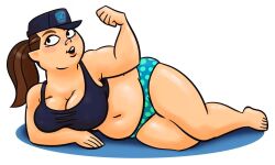 1girls abdomen artist_signature bbw belly belly_button big_breasts blush brown_hair cleavage female female_focus female_only flexing full_body hat laying_on_side lhk macarthur_(tdi) open_mouth overweight overweight_female partially_clothed ponytail solo solo_female solo_focus swimwear the_ridonculous_race thighs total_drama_island white_background