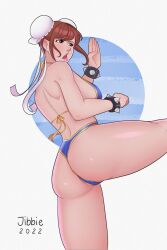 1girls artist_name ass brown_eyes brown_hair bubble_butt capcom character_name chun-li copyright_name female female_only jibbie_(artist) kicking spiked_bracelet street_fighter voluptuous