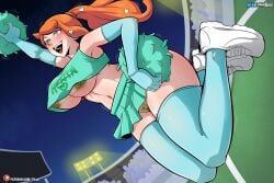 27lsd big_ass big_breasts bikini blue_eyes breasts cheerleader miniskirt nipples open_mouth orange_hair pinup pokemon pokemon_ss pussy sonia_(pokemon) stockings thick_thighs topwear