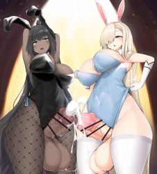 2futas arms_behind_head arms_up asuna_(blue_archive) asuna_(bunny)_(blue_archive) balls bangs bar_censor big_balls big_breasts big_penis black_hair blonde_hair blue_archive breasts bunny_ears bunnysuit censored clothed clothing cum dark-skinned_futanari dark_skin duo ejaculation erection fishnets futa_only futanari hair_over_one_eye hands-free handsfree_ejaculation horny human karin_(blue_archive) karin_(bunny)_(blue_archive) light-skinned_futanari light_skin long_hair low-angle_view mostly_clothed nnilaee orgasm oversized_balls penis standing thick_cum thick_thighs thighhighs wide_hips