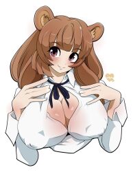 animal_ears brown_hair bust cinnamon6 cleavage erect_nipples erect_nipples_under_clothes female no_bra purple_eyes raphtalia smile solo tate_no_yuusha_no_nariagari the_rising_of_the_shield_hero white_background