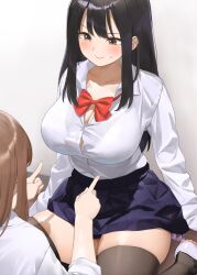 2girls black_hair black_legwear bow bowtie breasts button_gap huge_breasts kaisen_chuui large_breasts long_hair looking_at_another multiple_girls original red_bow school_uniform shirt sitting skirt thighhighs thighs white_shirt