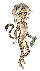 alcohol alcoholic_drink andromorph anthro auggie_(fleetwoodbrak) beverage body_hair bottle cheetah chest_hair clitoris cuntboy felid feline fleetwoodbrak fur genitals hair half-closed_eyes hi_res humanoid_genitalia humanoid_pussy intersex jewelry king_cheetah long_hair mammal narrowed_eyes necklace necklace_only nude pubes pussy simple_background solo spots spotted_body spotted_fur white_background yellow_body yellow_fur