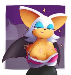 anthro areola_slip bat eyelashes furry green_eyes huge_breasts mosunoru rouge_the_bat smile sonic_(series) sonic_the_hedgehog_(series) sweat white_fur wings