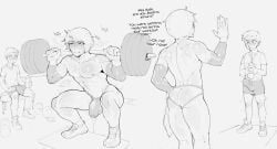 athletic athletic_male blush boner bulge cheesecrumbles dialogue erection_under_clothes gay gym jockstrap male_only monochrome muscular_male nosebleed precum precum_through_clothing sleeves sweaty twink weightlifting yaoi