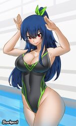 1girls big_ass big_breasts big_butt black_bodysuit blue_hair bodysuit edens_zero female_only hair_ribbon hand_on_head hands_on_head hands_over_head homura_kogetsu long_hair mole_under_eye pale-skinned_female pool poolside red_eyes ribbon sharknex solo swimsuit tagme thick_ass thick_hips thick_legs thick_thighs water wide_hips