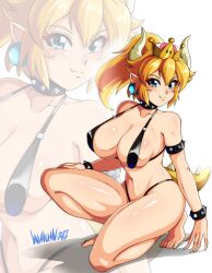 1girls artist_name blonde_hair blush bocas_top bowsette character_name cleavage copyright_name crown danmakuman horns huge_breasts kneeling mario_(series) new_super_mario_bros._u_deluxe nintendo pinup pointy_ears spiked_bracelet spiked_collar thong voluptuous