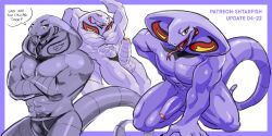 anthro anthrofied arbok balls bara bedroom_eyes clothing dialogue english_text fangs foreskin genitals hi_res male muscular muscular_anthro muscular_male narrowed_eyes nintendo penis pokémon_(species) pokemon purple_body purple_scales scales seductive shtarfish smile snake_hood solo solo_male text tongue tongue_out underwear video_games