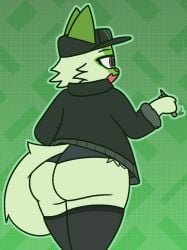 2022 anthro anthrofied apple_green_hair big_ass big_butt clothed clothing female fur furry furry_only game_freak green_ears green_theme hat headwear jacket jaggy_lines nintendo pixelated pokémon_(species) pokemon pokemon_sv sprigatito tail thick_thighs woofgang