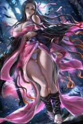 1girls absurd_res aged_up big_breasts black_hair breasts cleavage clothed clothing collarbone demon_slayer demoness detailed detailed_background female female_only fundoshi haori kamado_nezuko kimetsu_no_yaiba kimono large_breasts long_hair long_legs looking_at_viewer obi panties pink_eyes pink_kimono realistic sakimichan solo tabi tabi_socks thighs