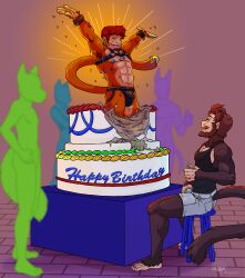 absurd_res anthro birthday birthday_cake bulge bulge_rubbing cake clothing delicatessen dessert facial_hair food furry group haplorhine harness hi_res houwang jockstrap licking licking_lips licking_own_lips male male/male mammal monkey nokemy_(character) primate self_lick shirt tank_top tongue tongue_out topwear underwear