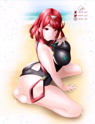 1girls ass beach breasts dark-sq7 female female_only looking_at_viewer pyra red_hair short_hair swimsuit thighs voluptuous xenoblade_(series) xenoblade_chronicles_2