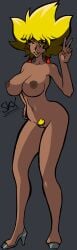 2022 2d akiko_koizumi_(someknowmeasxeno) artist_signature bandana breasts dark-skinned_female dark_skin female gold_hair hand_on_hip headband high_heels huge_ass huge_breasts large_ass large_breasts naked_footwear naked_heels nude nude_female original_character peace_sign pubic_hair pussy red_eyes smile smiling solo solo_female someknowmeasxeno spiky_hair tomboy transformation vagina watermark