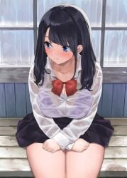 1girls bangs bench black_hair blue_eyes blush bow bra breasts cleavage collar collared_shirt female huge_breasts kaisen_chuui large_breasts long_hair long_sleeves looking_away original purple_bra rain raining red_bow school_uniform see-through shirt sitting solo thighs wet wet_clothes white_shirt window