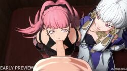 1boy 2girls 2girls1boy 3d animated bangs being_watched breasts clothed clothed_female_nude_male clothed_sex earrings fellatio female female_focus ffm_threesome fire_emblem fire_emblem:_three_houses hilda_valentine_goneril large_breasts light-skinned_female light-skinned_male light_skin long_hair looking_at_viewer lysithea_von_ordelia male_pov multiple_girls nintendo no_sound oral overused23 pink_eyes pink_hair ponytail pov small_breasts threesome video