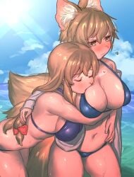 2girls animal_ear_fluff animal_ears bare_shoulders beach bikini blue_bikini blush breasts brown_eyes brown_hair cleavage closed_eyes cloud day eyebrows fox_ears fox_tail hair_between_eyes hair_ribbon hand_on_another's_back hand_on_own_stomach heart highres jacket large_breasts long_hair masanaga_(tsukasa) mature_female milf multiple_girls multiple_tails navel ocean purple_bikini ran_yakumo ribbon shiny_skin short_hair skindentation sky spoken_heart sunlight sweatdrop swimsuit tail touhou water white_jacket yakumo_ran yakumo_yukari yukari_yakumo yuri