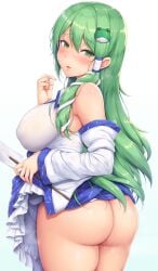 bare_butt big_breasts big_butt blush butt clothes_lift green_eyes green_hair huge_breasts huge_butt large_butt long_hair looking_back sanae_kochiya skirt skirt_lift snowcanvas touhou