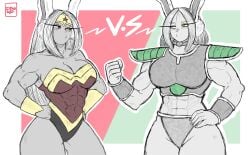 abs artist_signature bangs boku_no_hero_academia bracelet broly_(cosplay) bunny_ears bunny_girl busty cleavage cosplay curvy dc dc_comics dragon_ball dragon_ball_super ettso long_eyelashes miruko muscular muscular_arms muscular_female my_hero_academia rumi_usagiyama tiara wonder_woman_(cosplay) wonder_woman_(series) yellow_eyes