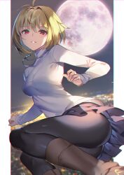 antenna_hair arcueid_brunestud ass black_pantyhose blonde_hair boots breasts brown_footwear commentary_request female full_moon hair_intakes jewelry medium_breasts moon necklace pantyhose parted_lips pleated_skirt red_eyes short_hair skirt smile solo taut_clothes thighs tsukihime turtleneck yoshimoto_(dear_life)