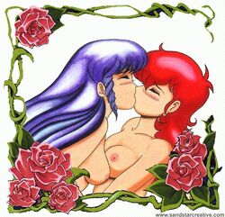 2girls a-ko_magami b-ko_daitokuji blush breasts closed_eyes female flower james_bender kissing long_hair multiple_girls nipples nude project_a-ko purple_hair red_hair rose vines yuri