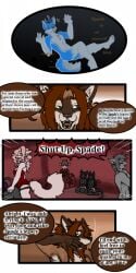 1:2 2021 9:18 anthro biped canid closed_eyes cobalt_(tatsuchan18) collar comic detailed_background dialogue english_text female fenrir_(tatsuchan18) fur group hair hi_res male mammal open_mouth sitting spade_(tatsuchan18) speech_bubble standing tatsuchan18 text