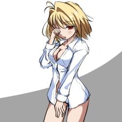 arcueid_brunestud blonde_hair breasts cleavage contrapposto cowboy_shot female gluteal_fold hair_intakes kore_(kore) looking_at_viewer medium_breasts no_bra no_pants one_eye_closed open_clothes open_shirt panties red_eyes rubbing_eyes shirt short_hair simple_background sketch solo standing tsukihime underwear