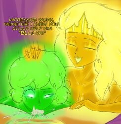 cumming cumming_in_mouth demeter goddess golden_crown greek_mythology green_body green_eyes green_hair green_skin guided_fellatio guiding_hand hand_on_head hera_(greek_mythology) hera_(osp) incest itzal overly_sarcastic_productions sisters yellow_body yellow_eyes yellow_hair yellow_skin