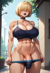 1futa abs ai_generated alternate_version_available big_breasts big_penis black_lipstick blonde_hair bulge fitness futa_focus futa_only futanari goofy_ai hair_covering_eye light-skinned_futanari muscular_arms muscular_futanari nipple_bulge outdoors workout_clothes