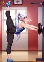 ai_generated gym gym_clothes gym_uniform jlullaby_(style) rwby solo sweat sweating tagme twistedpeach visible_breath weiss_schnee yoga_pants