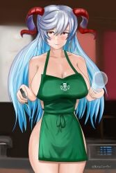 1girls apron bare_shoulders bare_thighs bettercommsoul blue_hair breasts cleavage collarbone colored_inner_hair female female_only fire_emblem fire_emblem_heroes freyja_(fire_emblem) grey_hair hair_between_eyes holding_cup holding_object holding_pen horns hourglass_figure iced_latte_with_breast_milk indoors large_breasts long_hair looking_at_viewer meme multicolored_hair naked_apron nintendo pen red_eyes red_horns sideboob smile solo thighs very_long_hair wide_hips