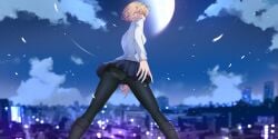 absurdres ahoge arcueid_brunestud ass ass black_pantyhose cloud female from_below highres isetnation long_legs melty_blood moon moonlight night panties panties_under_pantyhose pantyhose perspective self-upload short_hair skirt sky sweater tsukihime tsukihime_(remake) underwear