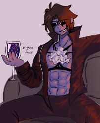 1boy abs black_sclera dracula five_nights_at_freddy's fnaf glass glass_cup grape_juice halloween halloween_costume male_only man_boobs man_tits michael_afton mixanprixa moobs muscular muscular_male pecs purple_skin solo_male vampire vampire_boy vampire_costume white_pupils
