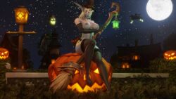 1girls 3d big_breasts blizzard_entertainment blue_skin female garter_belt garter_straps halloween jack-o'-lantern morilymory night_elf pinup queen_azshara solo stockings thick_thighs voluptuous voluptuous_female warcraft white_hair wide_hips witch_hat world_of_warcraft