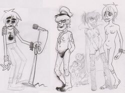 2d_(gorillaz) breasts cape female fishnets gorillaz hair hat human local-shop male monochrome murdoc_niccals navel nipples noodle_(gorillaz) nude nudity pants pussy rule_63 russel_hobbs shirt short_hair sketch socks standing upside_down_cross vulva