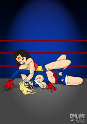 2girls black_hair blonde_hair boxing_ring breast_cutout breasts dc dc_comics female female_only fighting justice_league multiple_girls nipples online_superheroes pussy_cutout sparring stargirl submission_hold tagme unknown_artist wonder_woman wonder_woman_(series)