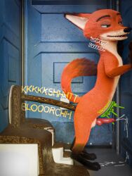 3d_(artwork) absurd_res against_door against_surface anthro blender_(software) blender_cycles bloated bodily_fluids brown_body brown_eyebrows brown_fur canid canine cum dialogue digital_media_(artwork) digitigrade disney door ejaculation english_text eyebrows feces feces_on_ground fox fur genital_fluids genitals green_eyes hi_res kenresek knot looking_pleasured male mammal nick_wilde onomatopoeia orange_body orange_fur penis poop portapotty raised_tail red_penis rumbling_stomach scat solo sound_effects tagme tail text toilet_paper toilet_use zootopia