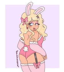 ass ass_focus bimbo blonde_hair blue_eyes bow bunny_ears bunnysuit chubby chubby_male crossdressing crossdressing_male femboy garter_straps gyaru makeup playboy_bunny ribbon sh1mm3rspew stockings thick_ass thick_thighs wink