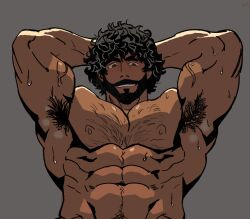 1boy abs ai_generated armpit_hair armpits bara beard buff capcom carlos_oliveira chest_hair color grey_background hairy hairy_male half_body hi_res looking_at_viewer looking_down male male_focus male_only muscles muscular muscular_male no_genitals pec pectorals pov pov_eye_contact pubic_hair resident_evil resident_evil_3 solo solo_focus solo_male sweat sweating this_food_is_so_fucking_good_lois topless topless_male traced_art violntlines