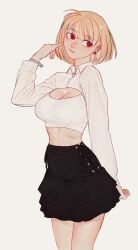 absurdres alternate_costume arcueid_brunestud black_skirt blonde_hair bracelet crop_top earrings female fully_clothed highres jewelry keyhole leo. leodot looking_to_the_side midriff red_eyes short_hair simple_background skirt tsukihime type-moon upper_body white_background