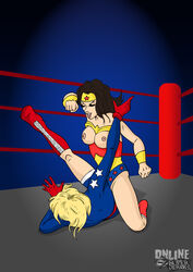 2girls black_hair blonde_hair boxing_ring breast_cutout breasts dc dc_comics female female_only fighting high_heel_boots justice_league knee_boots multiple_girls nipples online_superheroes sparring stargirl tagme unknown_artist wonder_woman wonder_woman_(series)