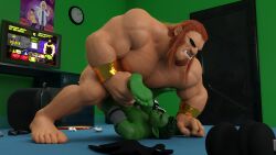 3d 3d_(artwork) anal anal_sex balls bara beast_boy closed_eyes darkviperbara dc dc_comics facial_hair gay green_body green_skin male male_only mammoth_(dc) muscles muscular muscular_male nude nude_beach overly_muscular penis sex spread_legs teen_titans