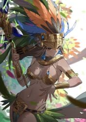 aztec braid brown_eyes brown_hair civilization_(series) civilization_online dark-skinned_female feathers gold_(metal) holding_weapon large_breasts leaves long_hair metal_bikini metal_bra miahuaxihuitl_(civilization_online) navel red_eyeshadow spear tribal tribal_markings tribal_tattoo tribal_tattoos