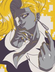 1girls big_breasts big_breasts blonde_hair cleavage earrings female hand_on_head king_of_fighters light_skin long_hair looking_at_viewer mature_(kof) painted_nails pointing smile suit tied_hair yellow_eyes