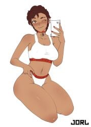 artist_name bleached bleached_clothing brown_eyes brown_hair dark-skinned_female eyebrow_scar jorl luz_noceda phone solo the_owl_house thick_thighs