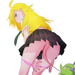 blonde_hair blue_eyes blush censored chuck_(psg) convenient_censoring cunnilingus grin kyoudyu looking_back oral panties panty_&_stocking_with_garterbelt panty_anarchy simple_background skirt smile tongue underwear